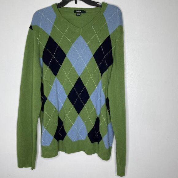 J Crew Sweater Mens Extra Large XL Green Blue Argyle 100% Cashmere Pullover - Picture 1 of 6